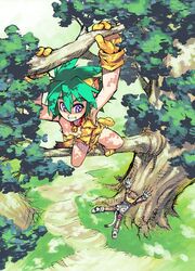  animal_ears animal_print bell cham_cham collar commentary_request female gloves green_hair in_tree jingle_bell neck_bell paw_shoes purple_eyes samurai_spirits shirou shoes snk solo tail tiger_print tree 