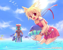  &gt;_&lt; 1boy aqua_hair bell bikini bird blonde_hair blush_stickers breast_press breasts choker closed_eyes cloud dark_skin day dolfini facial_mark female gloves hand_on_own_hip head_wings holding innertube jewelry jingle_bell leaning_forward lola_(pangya) medium_breasts midriff necklace ocean outdoors palm_tree pangya photoshop_(medium) quma red_eyes ribbon seedark skirt sky splashing swim_ring swimsuit tankini tattoo tree wading water wet whale wings wristband 