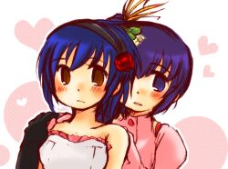  2girls alice_ip bare_shoulders blue_hair blush commentary_request dance_dance_revolution dress elbow_gloves flower gloves hair_flower hair_ornament hairband halterneck hand_on_shoulder heart holding_hands multiple_girls purple_eyes purple_hair short_hair souhara strapless strapless_dress toshiba_emi yuri 