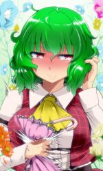  ascot blush breasts commentary_request crushing embarrassed female flower green_hair hyudora kazami_yuuka large_breasts parasol red_eyes short_hair smile solo touhou umbrella upper_body 