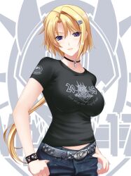  bad_link belt blonde_hair bracelet choker denim ellen_aice english_text fashion female hair_ornament hairclip insignia jeans jewelry looking_at_viewer military miyata_sou muv-luv muv-luv_alternative muv-luv_unlimited:_the_day_after necklace pants parted_lips photoshop_(medium) purple_eyes shirt short_hair taut_clothes taut_shirt thumbs_in_pockets 