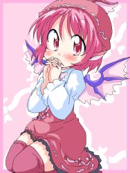  animal_ears blush commentary_request dress female fingernails geetsu hat jaggy_lines long_fingernails mystia_lorelei oekaki own_hands_clasped own_hands_together pink_background pink_eyes pink_hair short_hair simple_background solo thighhighs touhou wings zettai_ryouiki 