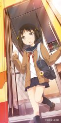  :o bag black_hair bus bus_interior cardigan commentary_request copyright_name doughnut female food hair_ribbon kneehighs loafers motor_vehicle nicomi.com open_cardigan open_clothes original ribbon school_bag school_uniform serafuku shoes shouji_ayumu skirt socks solo twintails two_side_up watermark web_address 