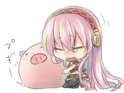  asaki_(pixiv32096) chibi closed_eyes commentary_request female long_hair megurine_luka open_mouth pig pink_hair solo tears vocaloid 