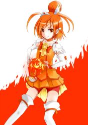  bike_shorts bike_shorts_under_skirt bow bowtie bridal_gauntlets choker commentary_request cure_sunny female fire hair_bun hair_ornament hairpin hino_akane_(smile_precure!) kiichi_(picchi0112) magical_girl orange_bow orange_bowtie orange_choker orange_eyes orange_hair orange_skirt orange_theme precure red_shorts short_hair shorts single_hair_bun skirt smile smile_precure solo thighhighs white_thighhighs 