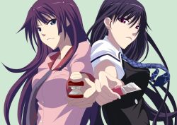  2girls black_hair blue_eyes commentary_request crossover grisaia_(series) grisaia_no_kajitsu long_hair monogatari_(series) multiple_girls nisemonogatari photoshop_(medium) purple_eyes purple_hair sakaki_yumiko school_uniform senjougahara_hitagi udukiichigo 