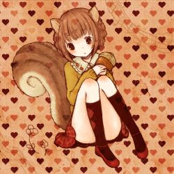  1st-mn acorn animal_ears brown_eyes brown_hair commentary_request female flower heart heart_background original plaid plaid_skirt skirt socks solo squirrel_ears squirrel_tail tail 