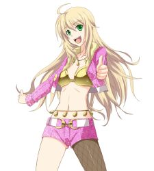  ahoge belly_chain blonde_hair coin_(ornament) commentary_request female fishnet_pantyhose fishnets green_eyes hoshii_miki ichimedoo idolmaster idolmaster_(classic) jewelry long_hair navel open_mouth pantyhose pink_diamond_765_(idolmaster) single_leg_pantyhose solo thumbs_up 