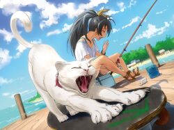  andou_shuki animal black_hair claws closed_eyes commentary_request earrings feet feline female fishing fishing_rod ganaha_hibiki hair_ribbon holding holding_fishing_rod idolmaster idolmaster_(classic) jewelry long_hair ocean open_mouth outdoors ponytail ribbon sandals skateboard solo toes yawning 