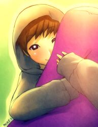  artist_name black_eyes brown_hair commentary english_commentary female hood hoodie hug mike_inel one_eye_closed original photoshop_(medium) pillow smile solo 