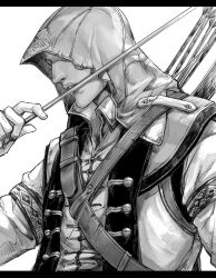  1boy arrow_(projectile) assassin&#039;s_creed_(series) assassin&#039;s_creed_iii bad_id bad_pixiv_id bow_(weapon) coat connor_kenway gloves greyscale hood kid666 letterboxed male_focus monochrome photoshop_(medium) quiver solo weapon 