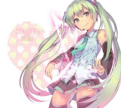  character_name detached_sleeves dsmile female green_eyes green_hair hatsune_miku headset long_hair musical_note necktie skirt smile solo sparkle star_(symbol) thighhighs twintails vocaloid 