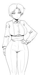  bad_id bad_pixiv_id bow bowtie breasts curvy dress_shirt female formal gloves greyscale hand_on_own_hip high-waist_pants king_(snk) large_breasts line_art monochrome okyou pant_suit pants ryuuko_no_ken sash shirt short_hair solo suit the_king_of_fighters thigh_gap traditional_bowtie wide_hips 