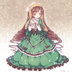  absurdres bow brown_hair commentary_request dress female frills gothic_lolita heterochromia highres lolita_fashion long_hair north_abyssor ribbon rozen_maiden solo suiseiseki 