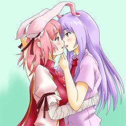  2girls animal_ears bandages blue_hair commentary_request double_bun dress_shirt flower hair_bun head_grab highres hug ibaraki_kasen imminent_kiss long_hair multiple_girls necktie pink_eyes pink_hair purple_hair rabbit_ears rabinidaddo red_eyes red_necktie reisen_udongein_inaba rose shirt short_hair touhou yuri 