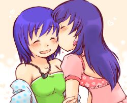  2girls alice_ip blue_hair blush breasts cleavage closed_eyes commentary_request dance_dance_revolution dress earrings jewelry kissing kissing_cheek long_hair multiple_girls necklace purple_eyes short_hair small_breasts souhara strapless strapless_dress toshiba_emi yuri 