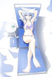  armpits bad_feet barefoot bikini blue_hair chair closed_eyes collarbone commentary_request crossed_legs cup drinking_straw female front-tie_top groin hat kieyza letty_whiterock lounge_chair lying on_back side-tie_bikini_bottom sitting smile solo swimsuit toes touhou 