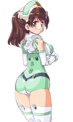  :o ass bad_id bad_pixiv_id bare_shoulders bright_feather_(busou_shinki) brown_eyes brown_hair busou_shinki dd_(ijigendd) doll_joints elbow_gloves female from_behind glasses gloves green_leotard hat joints leotard long_hair looking_back nurse nurse_cap open_mouth ponytail simple_background solo thighhighs white_background white_thighhighs 