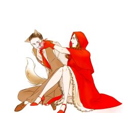  1boy animal_ears ariadne_(inception) arthur_(inception) artist_request cloak couple female formal high_heels hood inception little_red_riding_hood lowres shoes straight suit tail wolf wolf_ears wolf_tail 