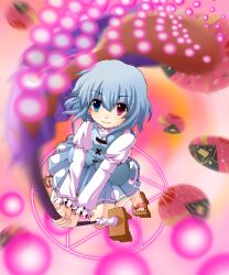  bad_id bad_pixiv_id blue_eyes blue_hair danmaku female from_above heterochromia hori_daikon karakasa_obake looking_at_viewer looking_up purple_umbrella red_eyes short_hair skirt smile solo tatara_kogasa toes tongue touhou umbrella undefined_fantastic_object 