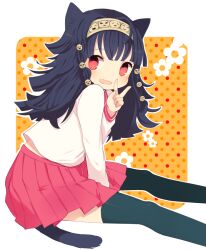  1boy alluka_zoldyck animal_ears ayu_(mog) bad_id bad_pixiv_id between_legs black_hair black_thighhighs blush cat_ears cat_tail hair_ornament hairband hunter_x_hunter long_hair looking_at_viewer male_focus multi-tied_hair open_mouth otoko_no_ko outside_border pleated_skirt red_eyes school_uniform sitting skirt smile solo tail thighhighs v 