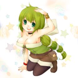  1st-mn :d armlet bangle belt bracelet breasts choker cleavage commentary_request female green_eyes green_hair hand_on_own_head jewelry large_breasts long_hair multi-tied_hair open_mouth pantyhose pantyhose_under_shorts ribbon_choker saga saga_frontier_2 shorts smile solo star_(symbol) very_long_hair virginia_knights white_background 