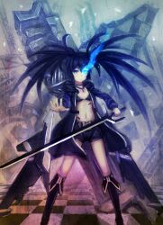  bad_id bad_pixiv_id bikini bikini_top_only black_bikini black_footwear black_hair black_rock_shooter black_rock_shooter_(character) black_rock_shooter_(game) black_shorts blue_eyes boots female holding holding_sword holding_weapon long_hair looking_at_viewer mahou_kyuuri midriff navel no_shirt open_clothes photoshop_(medium) shorts solo standing stella_(black_rock_shooter) stomach swimsuit sword twintails weapon 