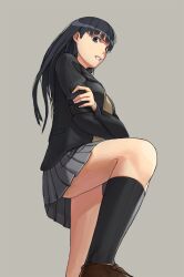  amagami ayatsuji_tsukasa black_eyes black_hair black_jacket black_socks commentary_request crossed_arms female grey_skirt jacket kibito_high_school_uniform kneehighs korosuke1 long_hair long_sleeves pleated_skirt school_uniform skirt socks solo 