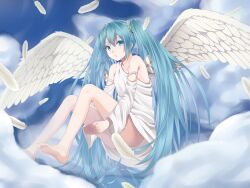  aqua_eyes aqua_hair bad_id bad_nicoseiga_id barefoot cloud day feathers feet female hatsune_miku heisei_yutorin hugging_own_legs long_hair solo twintails very_long_hair vocaloid wings 