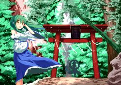  2girls arm_up b-ginga commentary_request detached_sleeves forest green_hair hand_in_own_hair kochiya_sanae long_hair multiple_girls nature open_mouth rope shimenawa shirt sign silhouette skirt standing star-shaped_pupils star_(symbol) symbol-shaped_pupils torii touhou translated wind yasaka_kanako yellow_eyes 