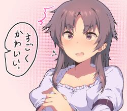  ^^^ blush brown_hair commentary_request dsmile eyebrows female mirai_nikki open_mouth pink_eyes solo translated uryuu_minene 