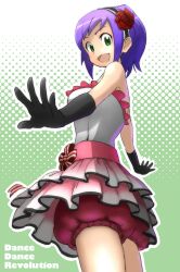  bad_id bad_pixiv_id bare_shoulders bloomers dance_dance_revolution dress elbow_gloves female flower frilled_dress frills from_below gloves green_eyes hair_flower hair_ornament highres mizuno_(okn66) photoshop_(medium) purple_hair short_hair solo strapless strapless_dress toshiba_emi underwear 