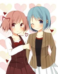  alternate_costume arm_hug bad_id bad_pixiv_id banned_artist blazer blue_eyes blue_hair bow bowtie casual hair_ornament hairclip heart itou_mikan jacket kaname_madoka mahou_shoujo_madoka_magica miki_sayaka multiple_girls one_eye_closed pink_eyes pink_hair short_hair short_twintails twintails 