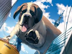  andou_shuki animal black_hair bowl building canine cloud commentary_request day female ganaha_hibiki giant idolmaster idolmaster_(classic) inumi long_hair oversized_animal pet_bowl ponytail saliva sky solo st_bernard tongue tongue_out 