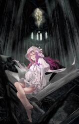  akai_kitsune bad_id bad_pixiv_id bare_legs barefoot capelet church crystal feet female hat highres indoors legs lips long_hair nail_polish patchouli_knowledge purple_eyes purple_hair sitting soles solo toes touhou 