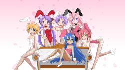  6+girls animal_ears bad_id bad_pixiv_id bad_proportions blush breasts cleavage fake_animal_ears fishnet_legwear fishnets glasses highres hiiragi_kagami hiiragi_tsukasa izumi_konata kobayakawa_yutaka lucky_star mizushima_(p201112) mole mole_under_eye multiple_girls pantyhose patricia_martin playboy_bunny rabbit_ears small_breasts smile tail takara_miyuki 