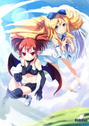  2girls :q blonde_hair blue_eyes boots bow choker commentary_request demon_girl demon_wings detached_sleeves disgaea earrings elbow_gloves etna_(disgaea) flonne gloves hairbow highres jewelry kabigon long_hair multiple_girls petals photoshop_(medium) pointy_ears red_eyes red_hair short_hair short_shorts short_twintails shorts slit_pupils smile tongue tongue_out twintails wings 