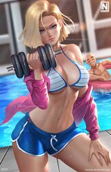  1boy 1girls android_18 bikini_top blonde_hair blue_eyes breasts cleavage dragon_ball dragon_ball_z female female_focus krillin kuririn looking_at_viewer male nopeys short_shorts shorts solo_focus sweat weightlifting weights 