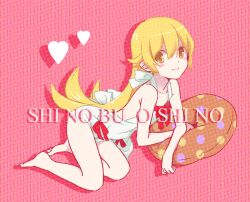  bad_id bad_pixiv_id bare_shoulders barefoot blonde_hair blush_stickers dress female long_hair monogatari_(series) nisemonogatari oshino_shinobu painttool_sai_(medium) solo teti yellow_eyes 