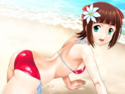  all_fours amami_haruka aqua_eyes ass beach bikini bow breasts brown_hair commentary_request female flower hair_flower hair_ornament hairbow halterneck idolmaster idolmaster_(classic) lens_flare looking_at_viewer looking_back muhi11234 open_mouth red_bikini shiny_skin short_hair side-tie_bikini_bottom sideboob small_breasts smile solo string_bikini swimsuit 