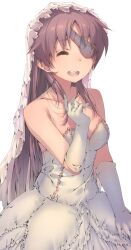  breasts bridal_veil closed_eyes commentary_request dress dsmile elbow_gloves eyepatch female gloves happy jewelry long_hair medium_breasts mirai_nikki open_mouth ornate_ring purple_hair ring simple_background smile solo uryuu_minene veil wedding_dress wedding_ring white_background 