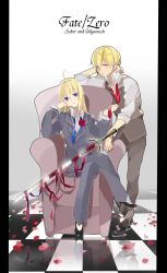  1boy ahoge artoria_pendragon_(fate) bad_id bad_pixiv_id blonde_hair blue_eyes chair checkered_floor corsage easy_chair fate/zero fate_(series) female formal gilgamesh_(fate) highres kurohal long_hair necktie necktie_grab neckwear_grab pant_suit pants petals pillarboxed ponytail red_eyes ribbon saber_(fate) suit sword weapon 