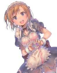  apron blue_eyes bow brown_hair commentary_request dsmile female hairbow heart heart_hands kosaka_honoka love_live! love_live!_school_idol_project maid maid_headdress mogyutto_&quot;love&quot;_de_sekkin_chuu! one_side_up open_mouth puffy_short_sleeves puffy_sleeves short_hair short_sleeves smile solo thighhighs 