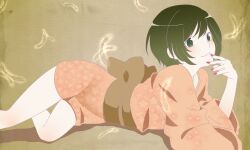  araragi_tsukihi black_eyes black_hair commentary_request curry_gohan female japanese_clothes kimono lying monogatari_(series) nail_polish nisemonogatari on_stomach pink_kimono short_hair short_kimono solo 