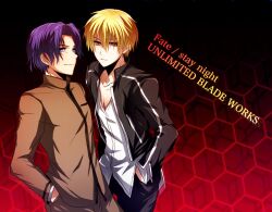  2boys bad_id bad_pixiv_id blonde_hair blue_eyes blue_hair casual copyright_name fate/stay_night fate_(series) gilgamesh_(fate) gilgamesh_(immoral_biker_jacket)_(fate) homurahara_academy_school_uniform honeycomb_(pattern) honeycomb_background male_focus matou_shinji multiple_boys official_alternate_costume photoshop_(medium) purple_hair red_background red_eyes school_uniform uka_(color_noise) wavy_hair 