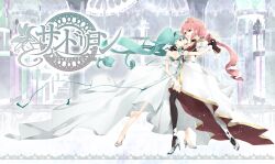  2girls bra cendrillon_(vocaloid) choker commentary_request crown dress formal gloves green_eyes green_hair hatsune_miku high_heels lingerie long_hair matoki_misa megurine_luka multiple_girls pink_hair red_eyes shoes thighhighs twintails underwear very_long_hair vocaloid 