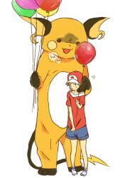  alternate_costume balloon banned_artist baseball_cap brown_hair costume gen_1_pokemon hat holding lolicon pokemon pokemon_(creature) pokemon_(game) pokemon_frlg raichu red_(pokemon) red_(pokemon_frlg) shorts tribute 