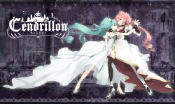  2girls bra cendrillon_(vocaloid) choker commentary_request crown dress formal gloves green_eyes green_hair hatsune_miku high_heels lingerie long_hair matoki_misa megurine_luka multiple_girls pink_hair red_eyes shoes thighhighs twintails underwear very_long_hair vocaloid 