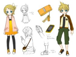  1boy alternate_costume black_legwear brother_and_sister capri_pants cellphone cellphone_charm cellphone_strap charm_(object) commentary_request female green_legwear hiyo_(hiyococco) iphone kagamine_len kagamine_rin pants phone siblings smartphone thighhighs twins vocaloid 