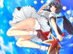  ass black_hair blush camera cloud colorized commentary_request day female fisheye from_below geta hand_fan hat leaf looking_at_viewer noumin panties shameimaru_aya sky solo tengu-geta tokin_hat toron_(mino106) touhou underwear white_panties wings 